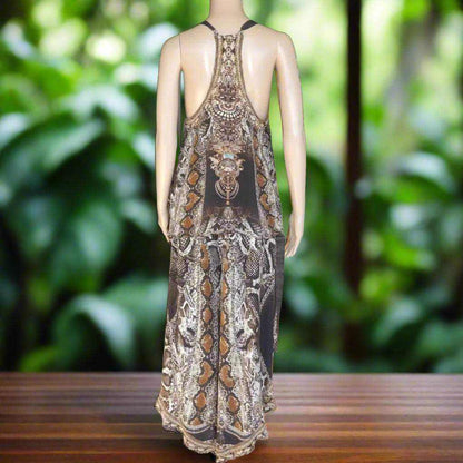 Silk T Back Embellished Camisole with snake print and intricate handsewn beadwork on a mannequin back view