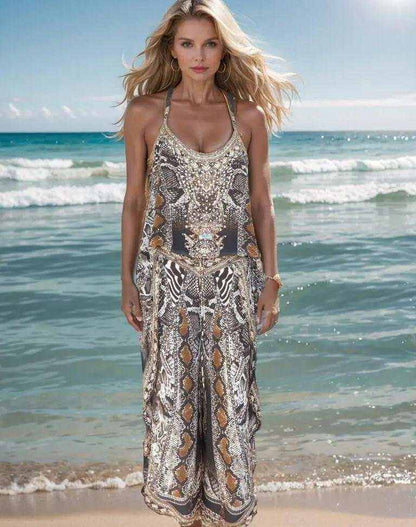 Silk T Back Embellished Camisole with handsewn beadwork and snake print design on beach background