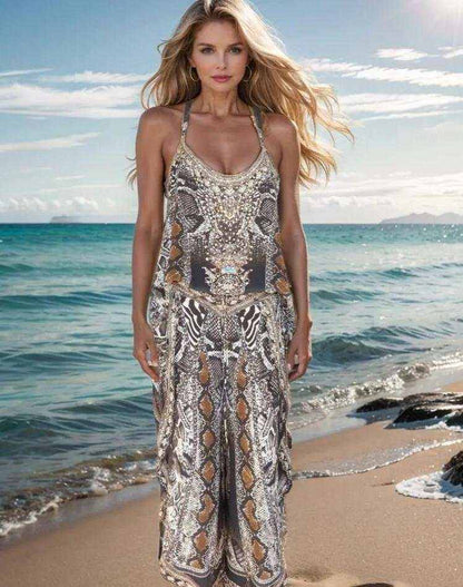 Silk T Back Embellished Camisole with snake print and handsewn beadwork worn on beach background