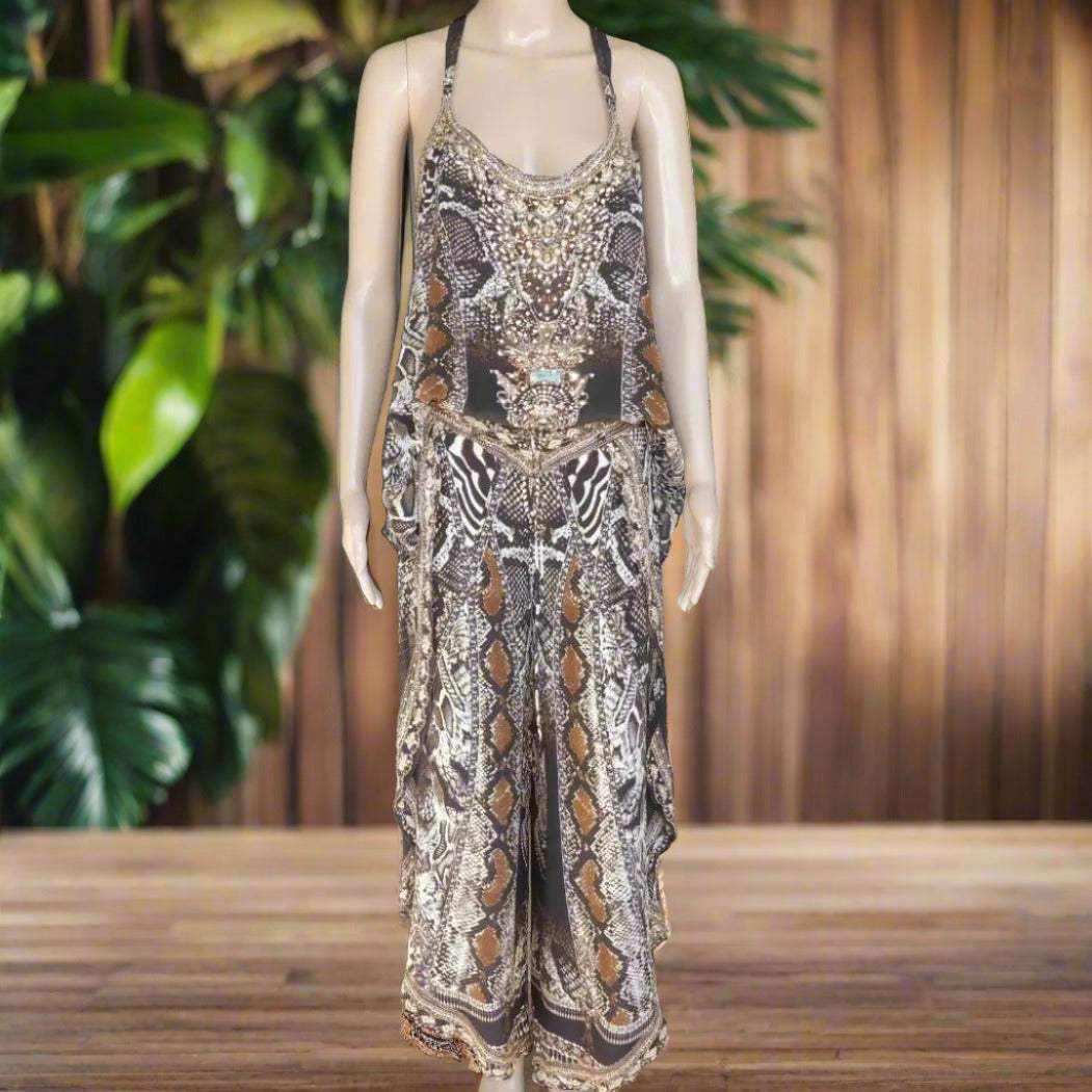 Silk T Back Embellished Camisole with intricate beadwork and snake print design