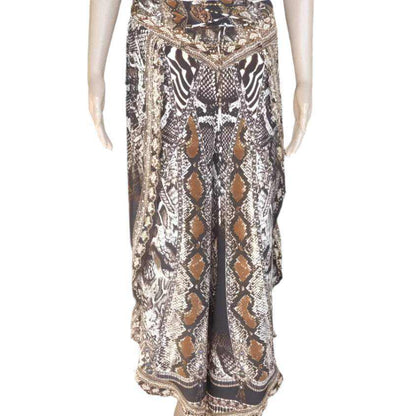 Silk embellished wrap pants with cobra snake print, handsewn beadwork, open front wrap, and criss-cross tie