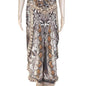 Silk embellished wrap pants with cobra snake print, handsewn beadwork, open front wrap, and criss-cross tie