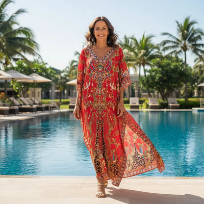 Long Embellished Box Kaftan Raisin