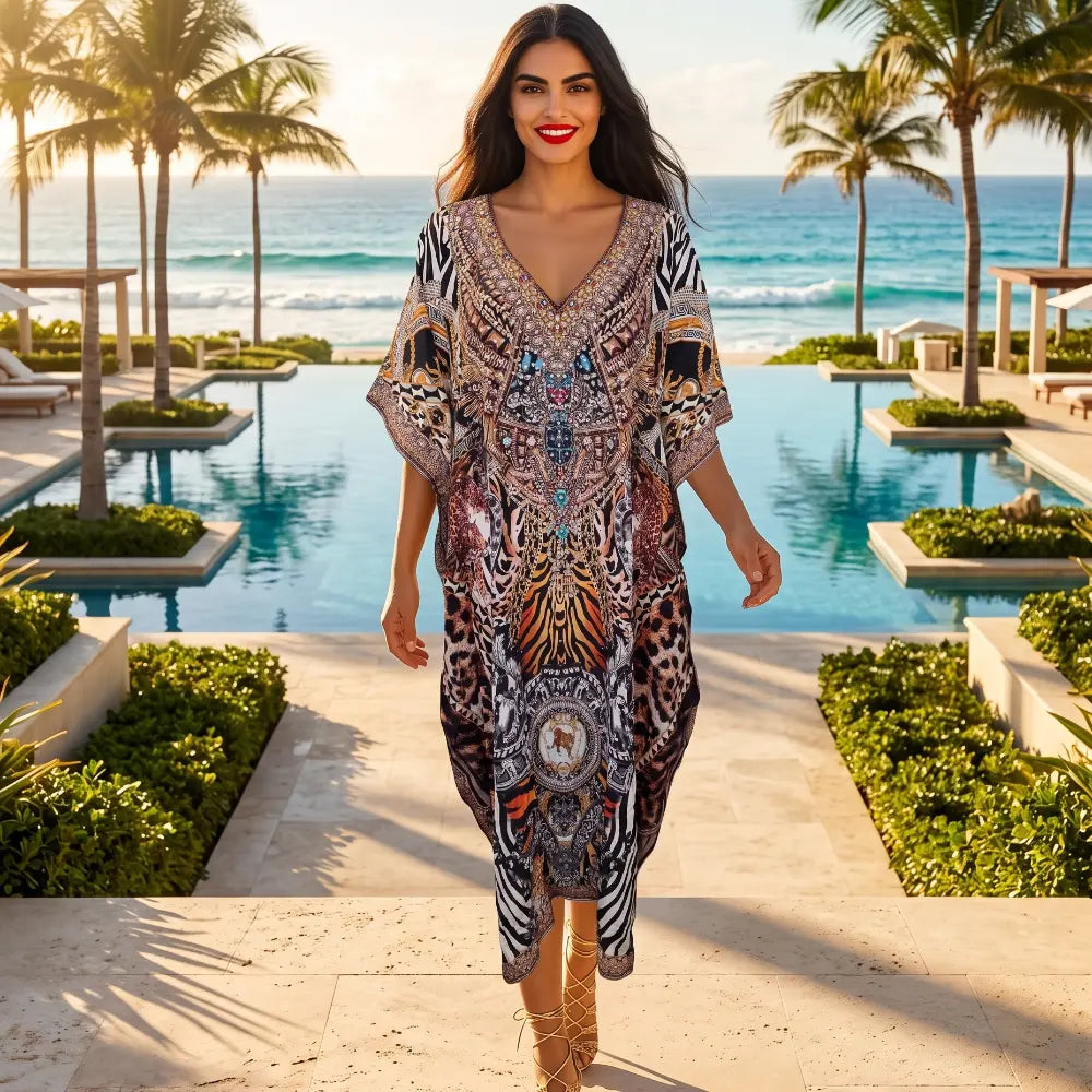 Long Silk Embellished Box Kaftan Leopard at Kaftans that Bling 