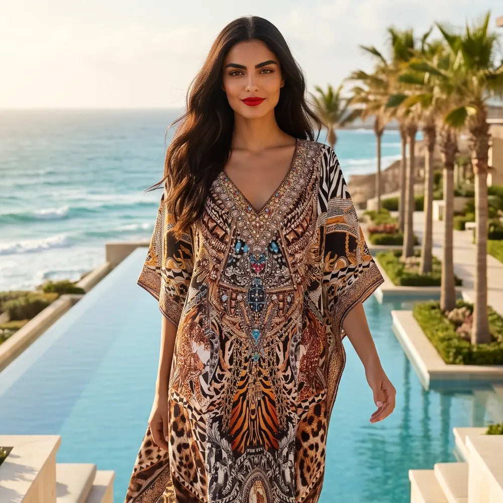 Long Silk Embellished Box Kaftan Leopard at Kaftans that Bling 