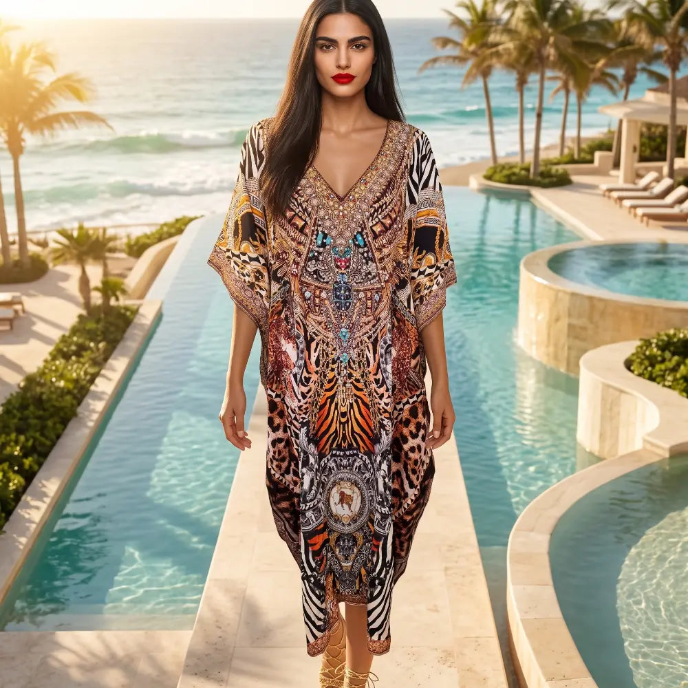 Long Silk Embellished Box Kaftan Leopard at Kaftans that Bling 