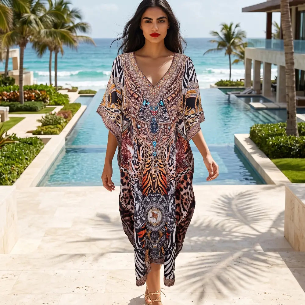 Long Silk Embellished Box Kaftan Leopard at Kaftans that Bling 
