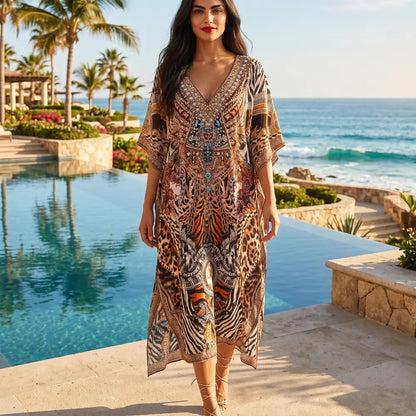 Long Silk Embellished Box Kaftan Leopard at Kaftans that Bling 