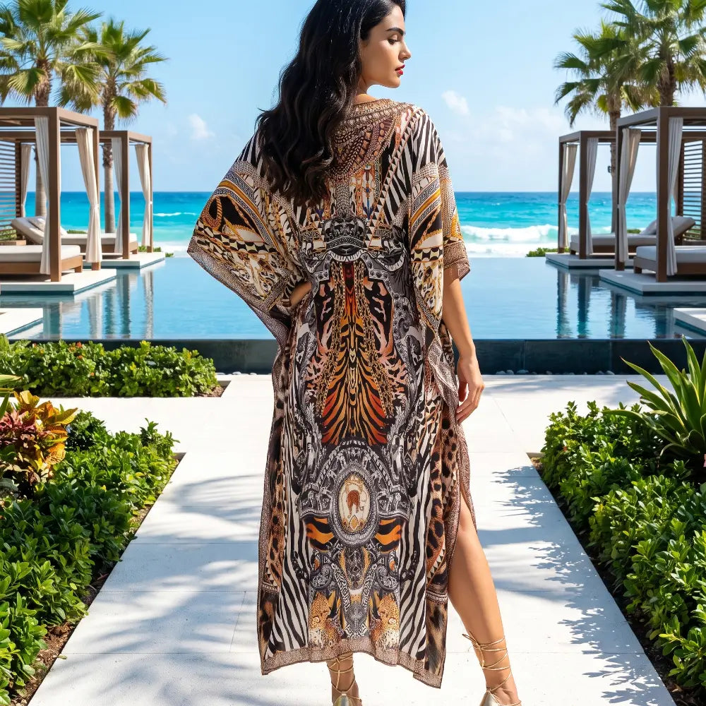 Long Silk Embellished Box Kaftan Leopard at Kaftans that Bling 