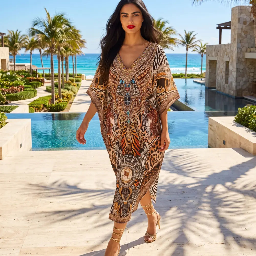 Long Silk Embellished Box Kaftan Leopard at Kaftans that Bling 