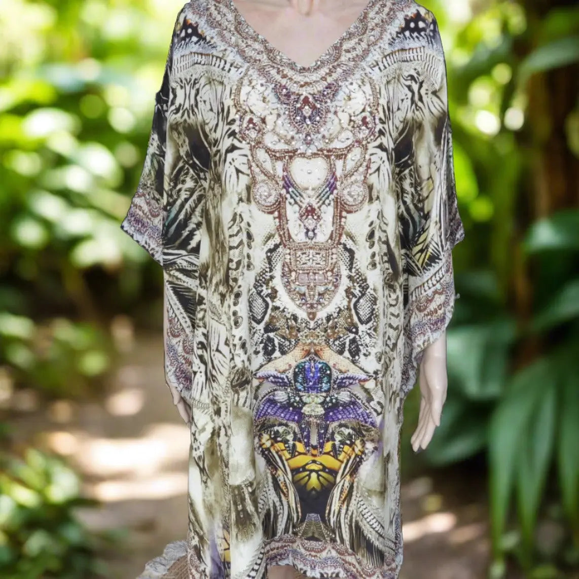 Bitter Olive short silk Beaded Kaftan