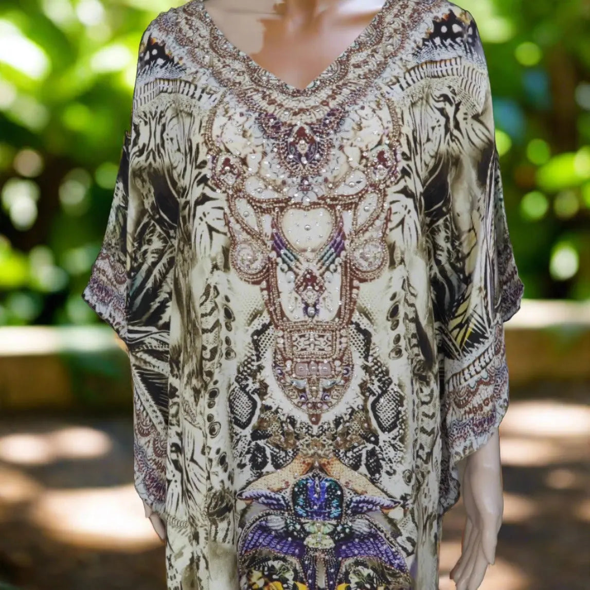 Bitter Olive short silk Beaded Kaftan