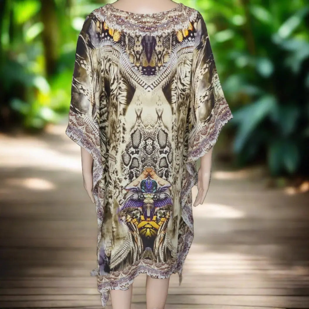 Bitter Olive short silk Beaded Kaftan