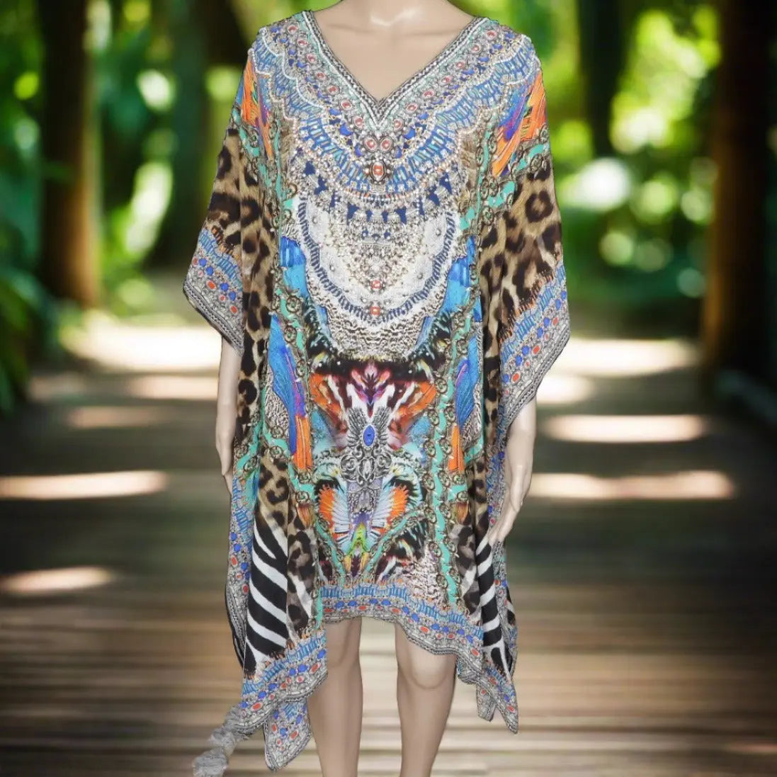 Marlie short silk Beaded Cold Shoulder Kaftan