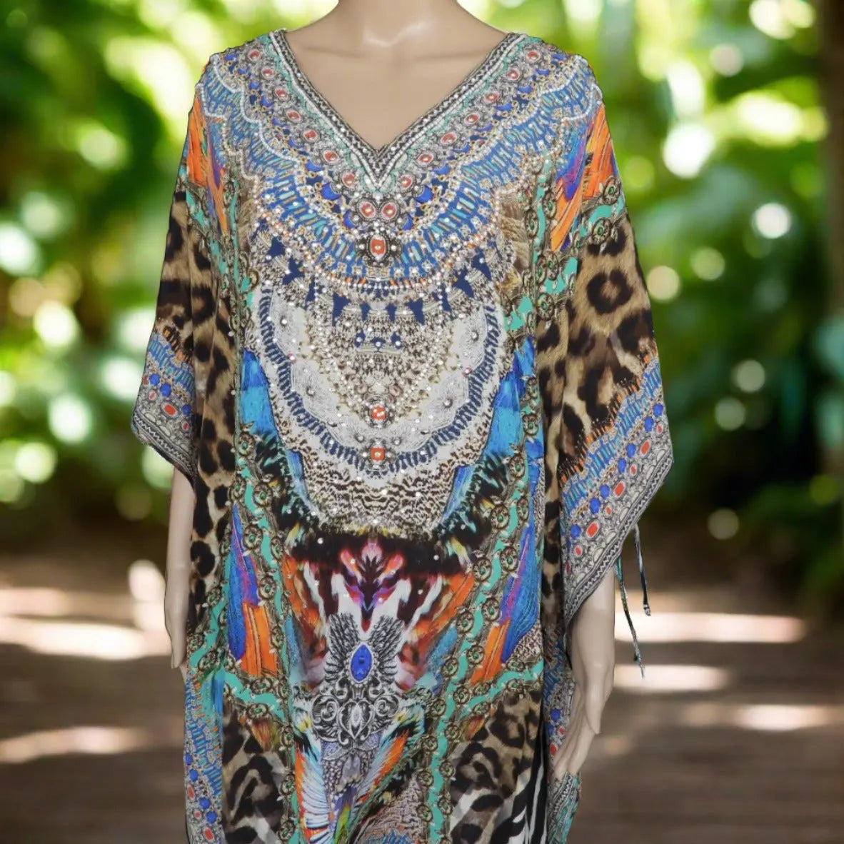 Marlie short silk Beaded Cold Shoulder Kaftan