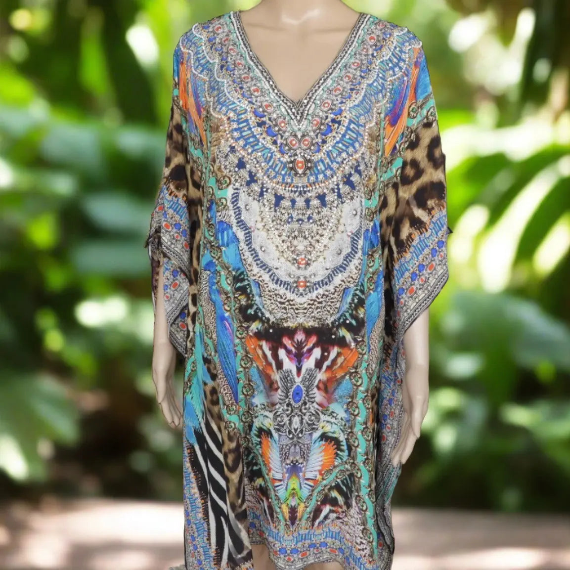 Marlie short silk Beaded Cold Shoulder Kaftan