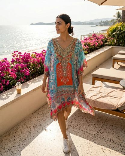 Short Silk Embellished Kaftan Mughal