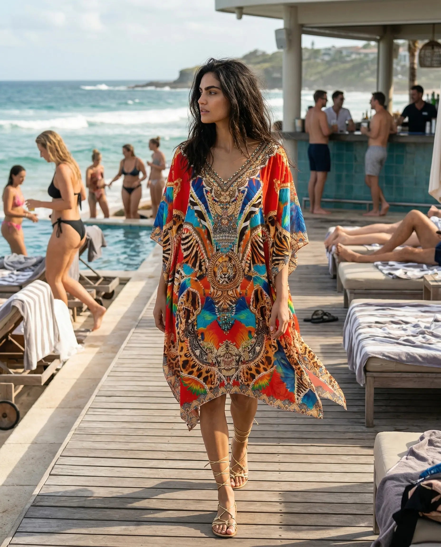 Short Silk Embellished Kaftan Mykonos