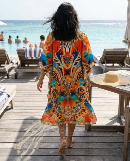 Short Silk Embellished Kaftan Mykonos