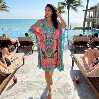 Short Silk Embellished Kaftan Peacock Pink