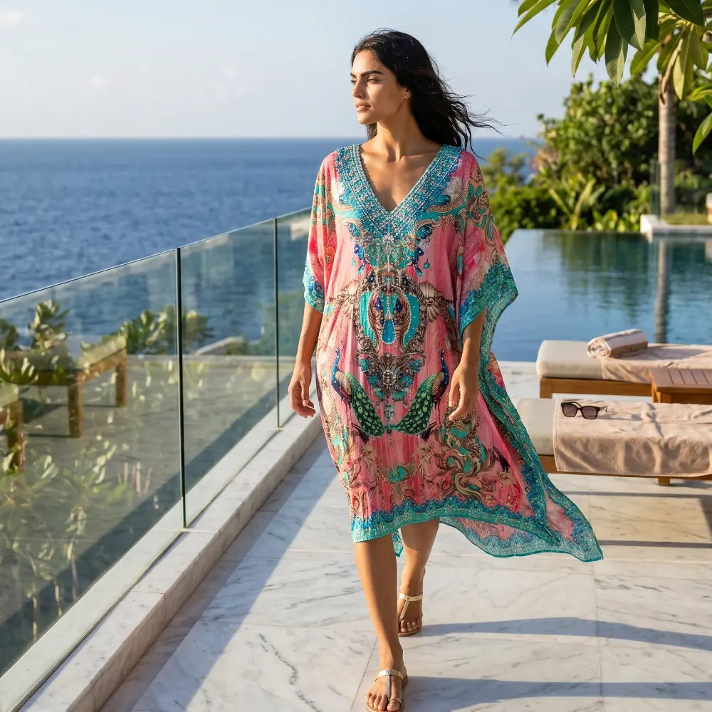 Short Silk Embellished Kaftan Peacock Pink