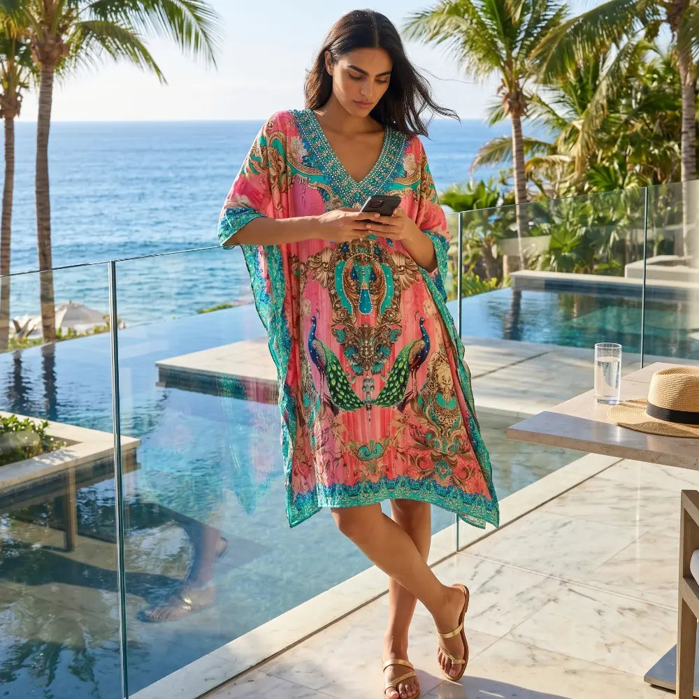 Short Silk Embellished Kaftan Peacock Pink