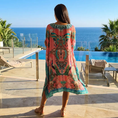 Short Silk Embellished Kaftan Peacock Pink