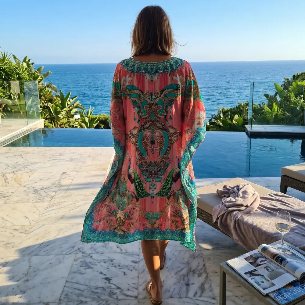 Short Silk Embellished Kaftan Peacock Pink