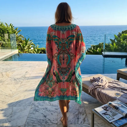 Short Silk Embellished Kaftan Peacock Pink