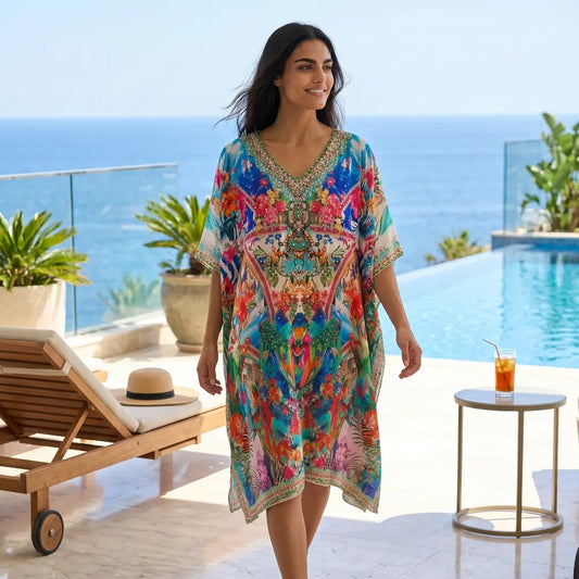 Short Silk Embellished Kaftan Wild Tropical