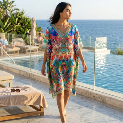 Short Silk Embellished Kaftan Wild Tropical