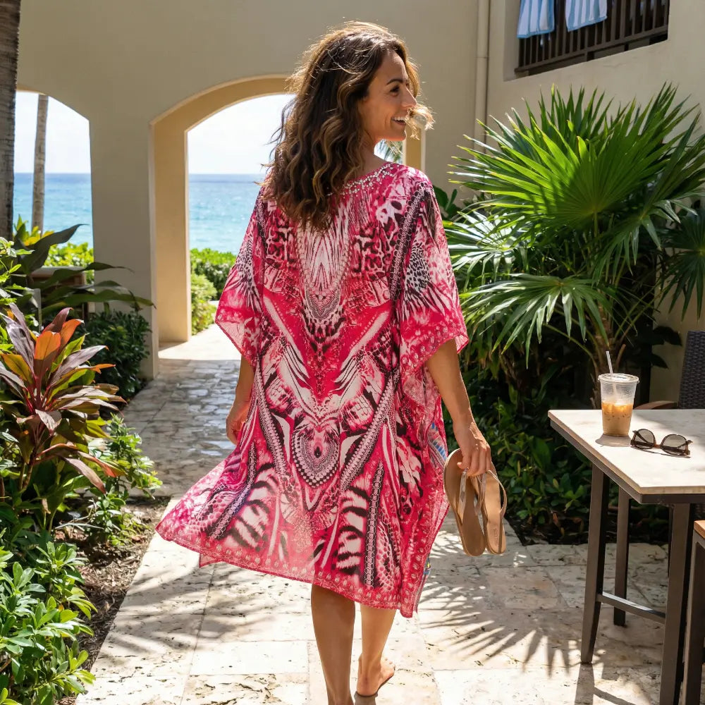 Short Silk Embellished Kaftan Leopard