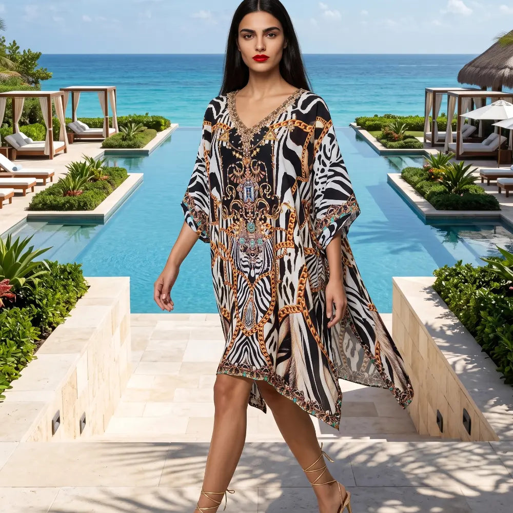 Sleeve Silk Embellished Dress Tiger