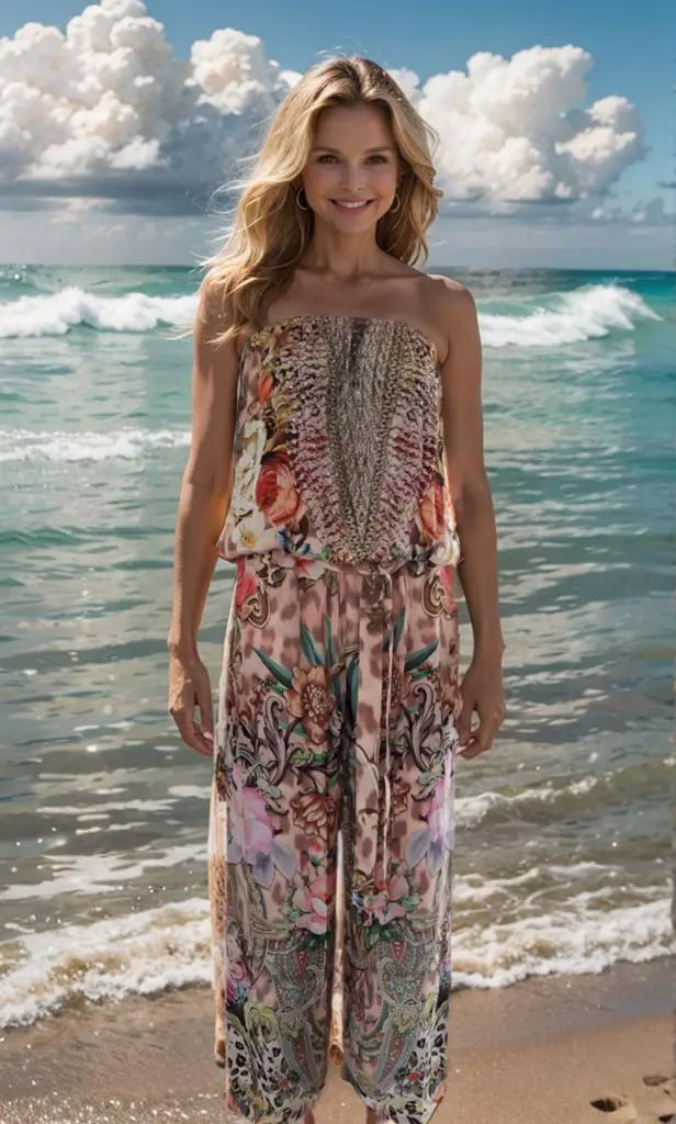 strapless jumpsuit Floral Leopard Strapless Embellished Jumpsuit Kaftans that Bling  Kaftans that Bling