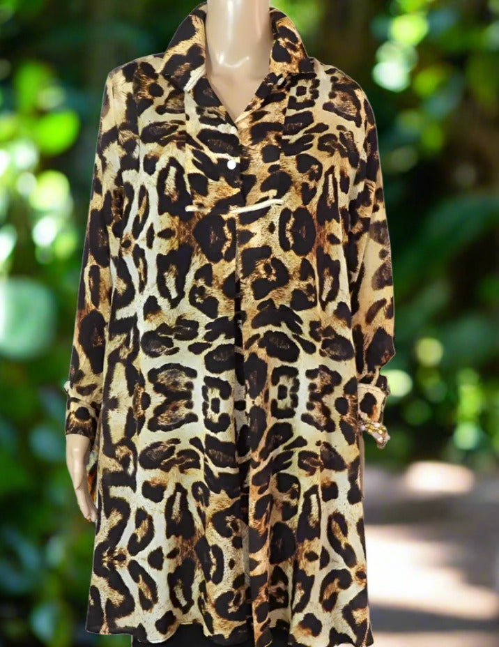 swing shirt Leopard Silk Swing Shirt with Collar fashion spectrum  Kaftans that Bling