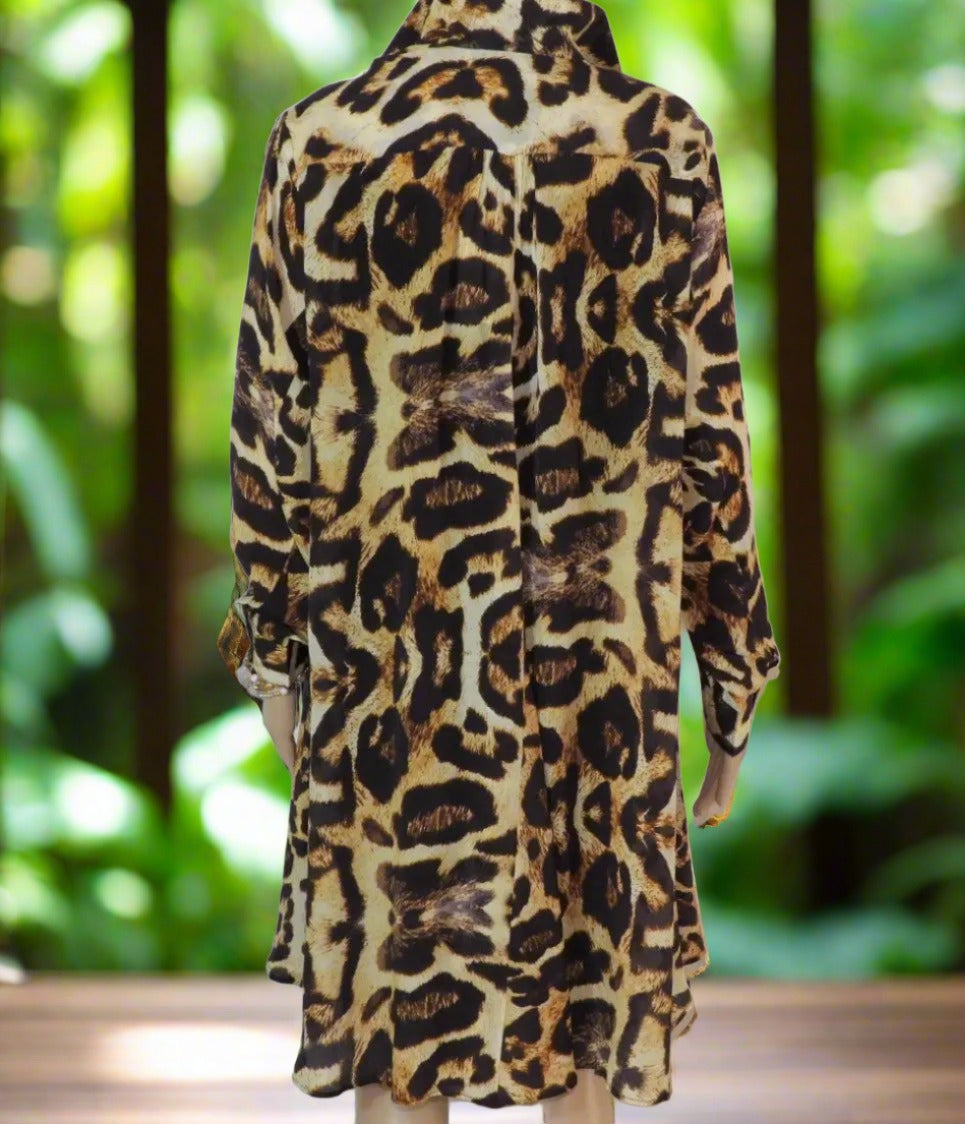 swing shirt Leopard Silk Swing Shirt with Collar fashion spectrum  Kaftans that Bling