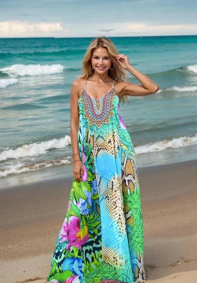 t-back maxi dress T-Back Long Maxi Dress-Aloha Floral Kaftans that Bling  Kaftans that Bling