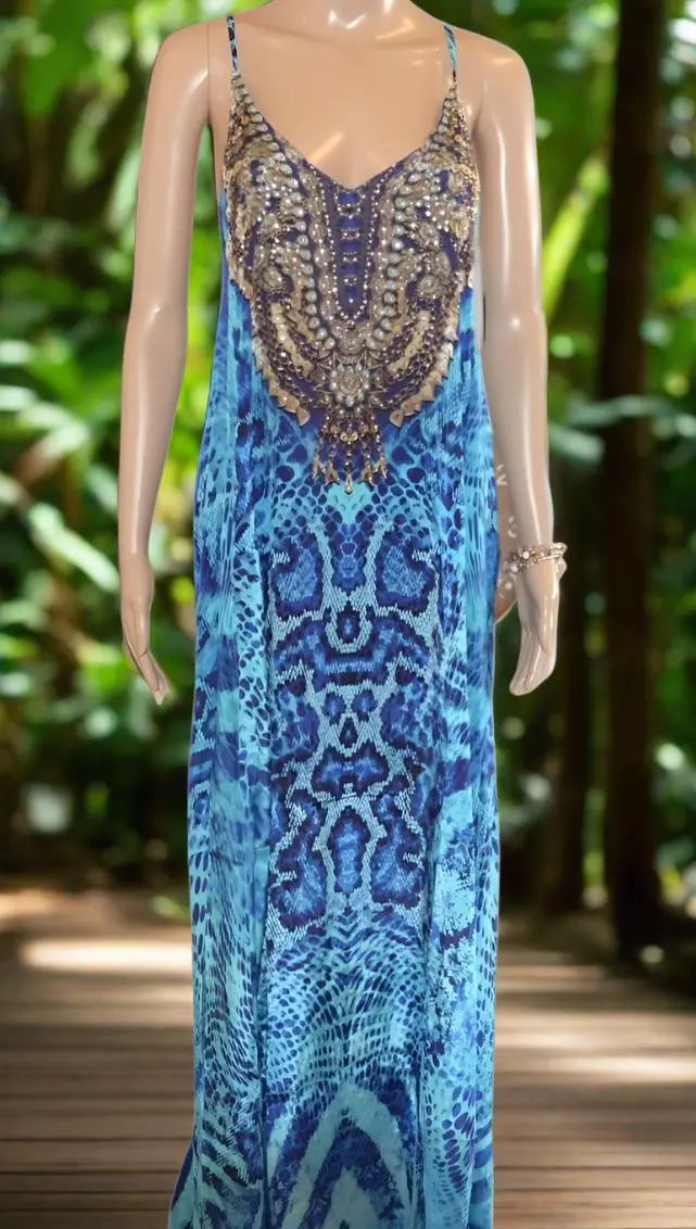 T-Back Long Maxi Dress-Blue Rattler-Kaftans that Bling