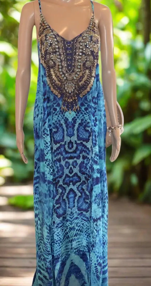 T-Back Long Maxi Dress-Blue Rattler-Kaftans that Bling