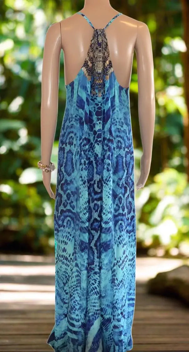 T-Back Long Maxi Dress-Blue Rattler-Kaftans that Bling