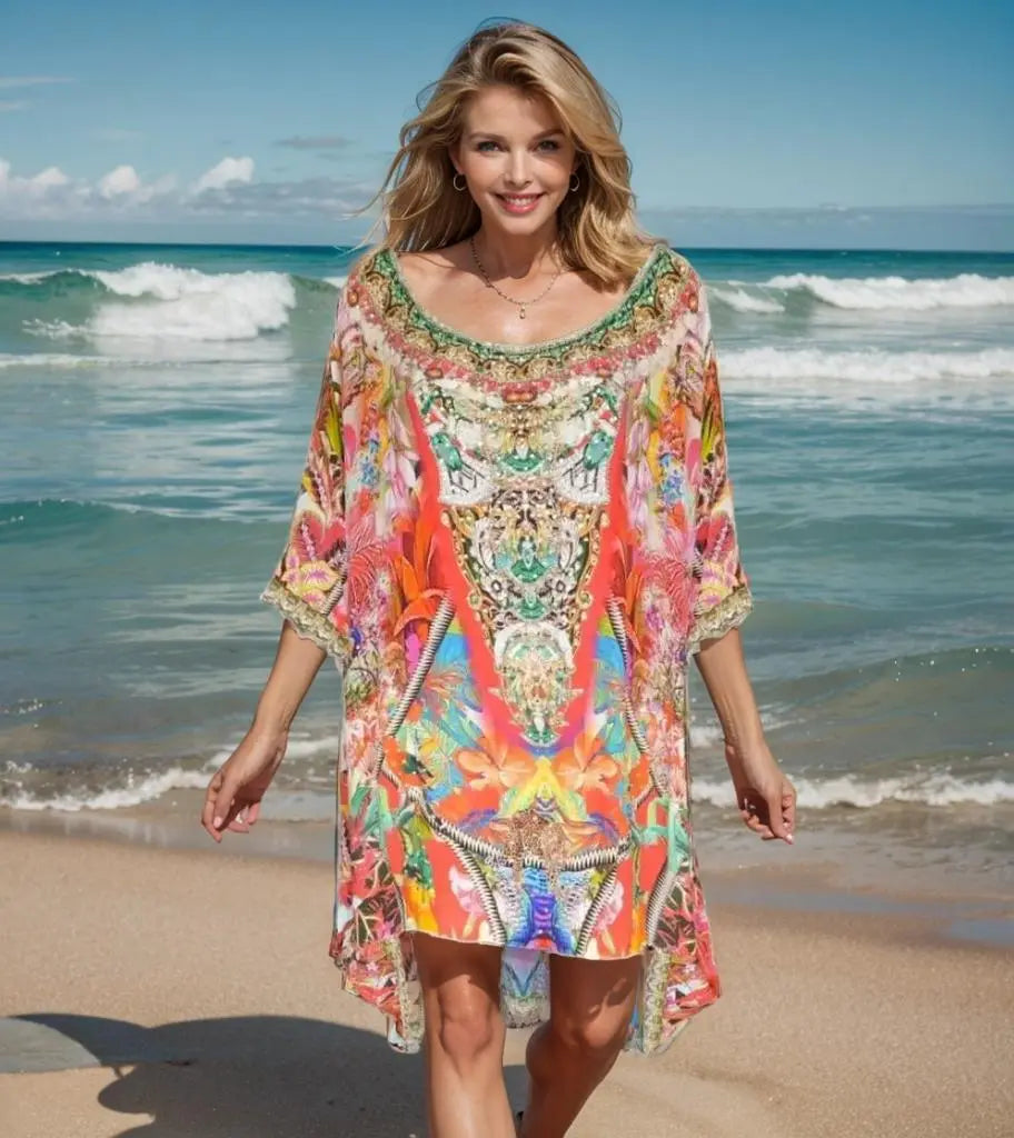 hi-lo kaftan/top Enchanted Garden Batwing Embellished Silk Top Fashion Spectrum  Kaftans that Bling