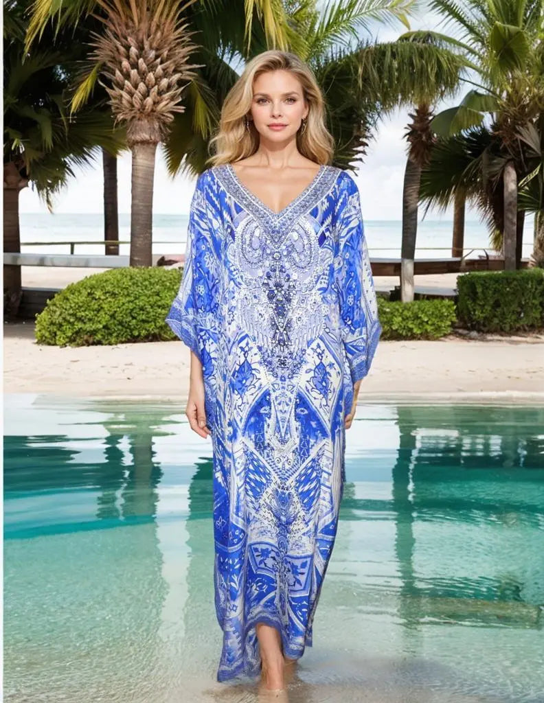 hi-lo kaftan/top Silk Embellished Cold Shoulder Long Kaftan Fashion Spectrum  Kaftans that Bling