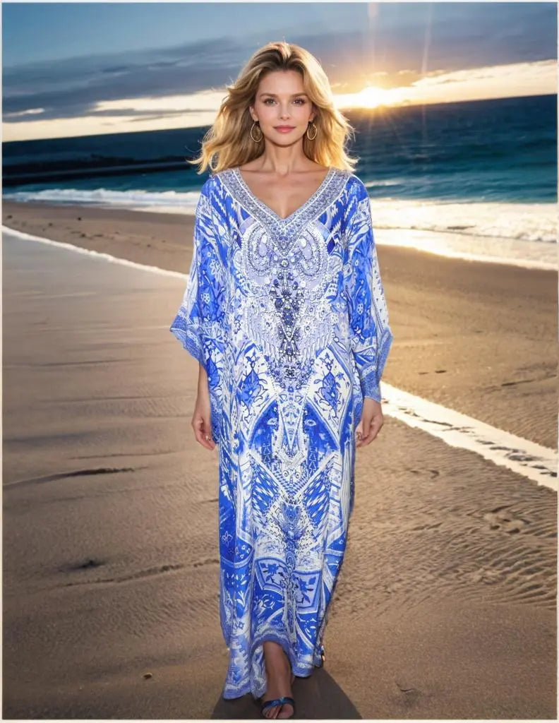 hi-lo kaftan/top Silk Embellished Cold Shoulder Long Kaftan Fashion Spectrum  Kaftans that Bling