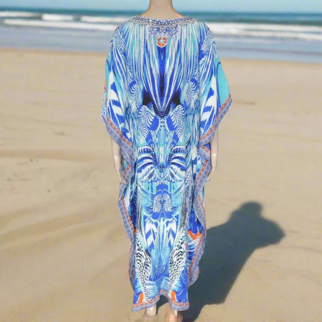 Long Silk Embellished Kaftan- Tropics