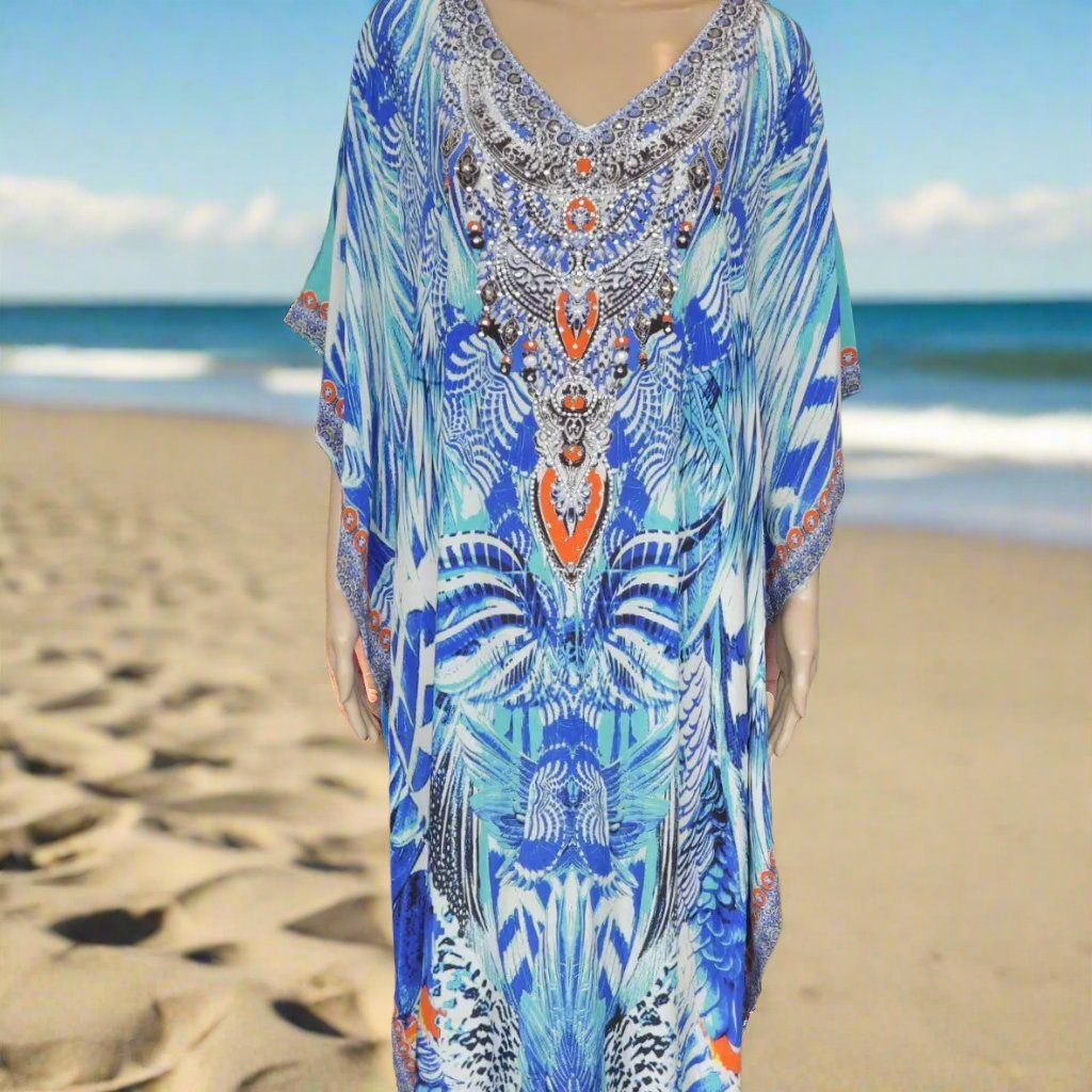 Long Silk Embellished Kaftan- Tropics