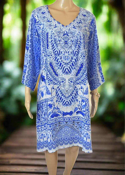 Peacock silk hand beaded blue and white tunic dress with V-neck and 3/4 sleeves