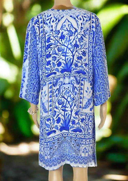 Peacock silk hand beaded blue and white tunic dress with 3/4 sleeves and side splits by Fashion Spectrum