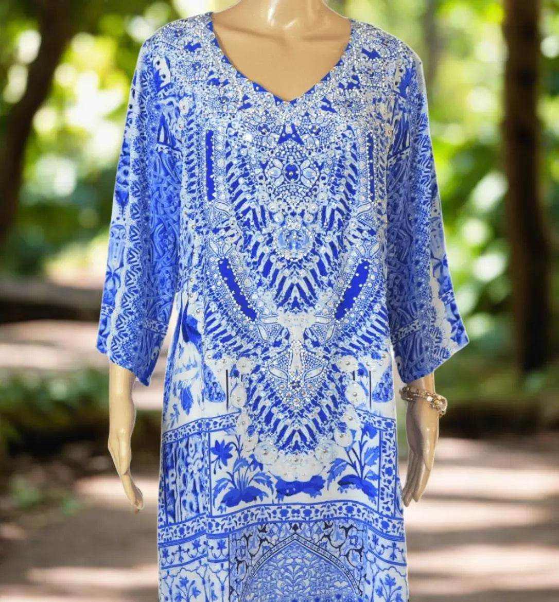 Peacock Silk Hand beaded blue and white tunic dress with V-neck and 3/4 sleeves by Fashion Spectrum