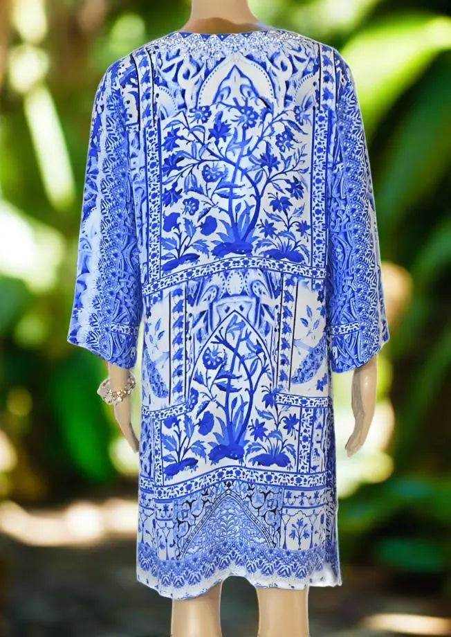 Peacock silk hand beaded blue and white tunic dress with 3/4 sleeves and side splits by Fashion Spectrum