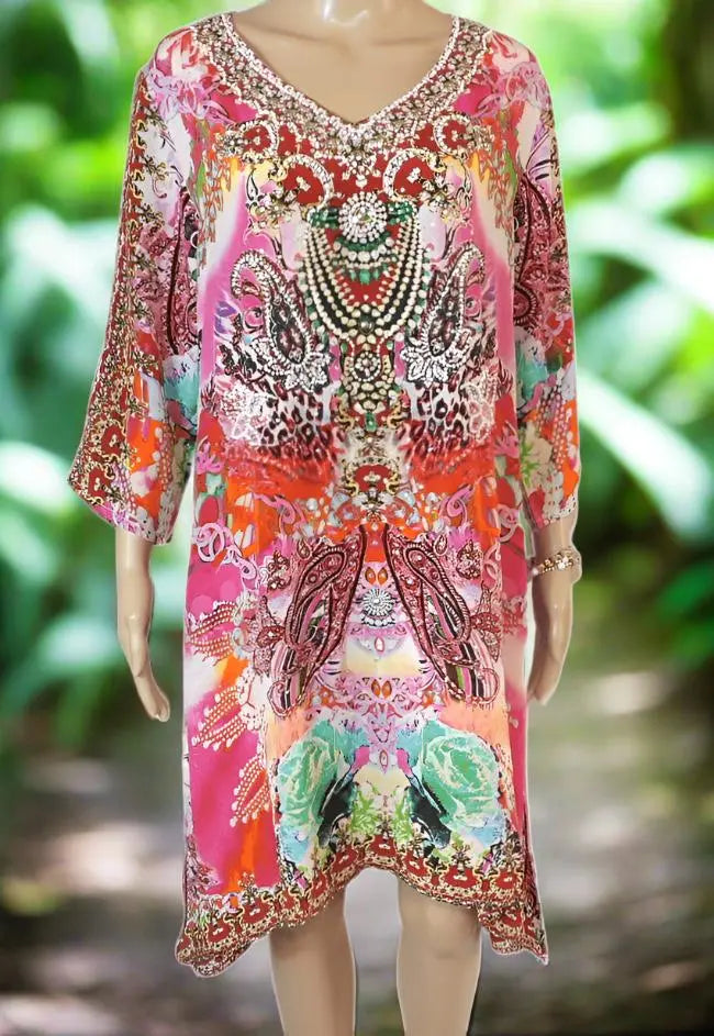 Tegan Silk Hand beaded Tunic Dress by Fashion Spectrum - Kaftans that Bling